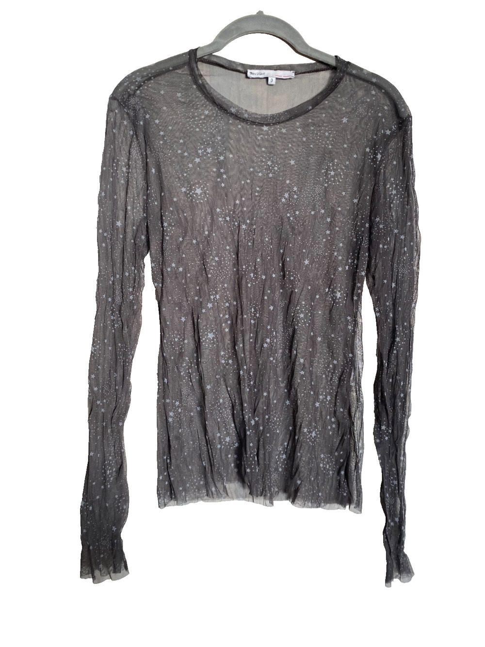 SUNLIGHT PARIS Grey Crinkle Mesh Sheer Top w/ STARS L/S Size S M L T3 "Edouard"